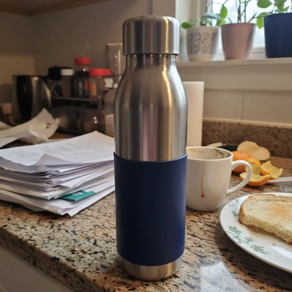 Amateur product photo of a water bottle on a cluttered kitchen counter before image to image AI editing