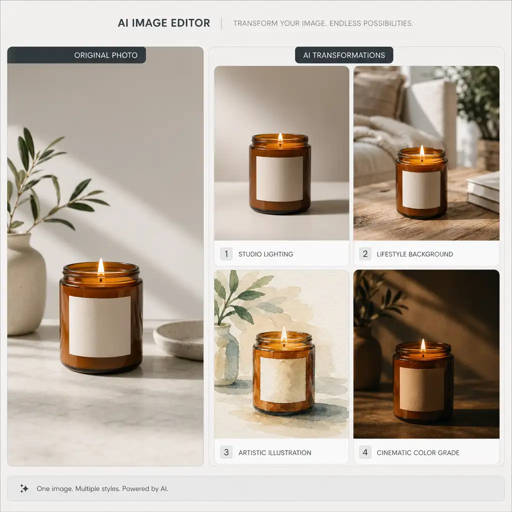 AI image editor comparison board showing one source product photo transformed into multiple visual styles for different models