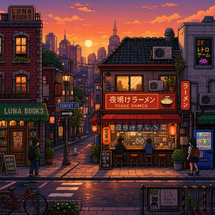 City street photo transformed into detailed pixel art while preserving the original composition
