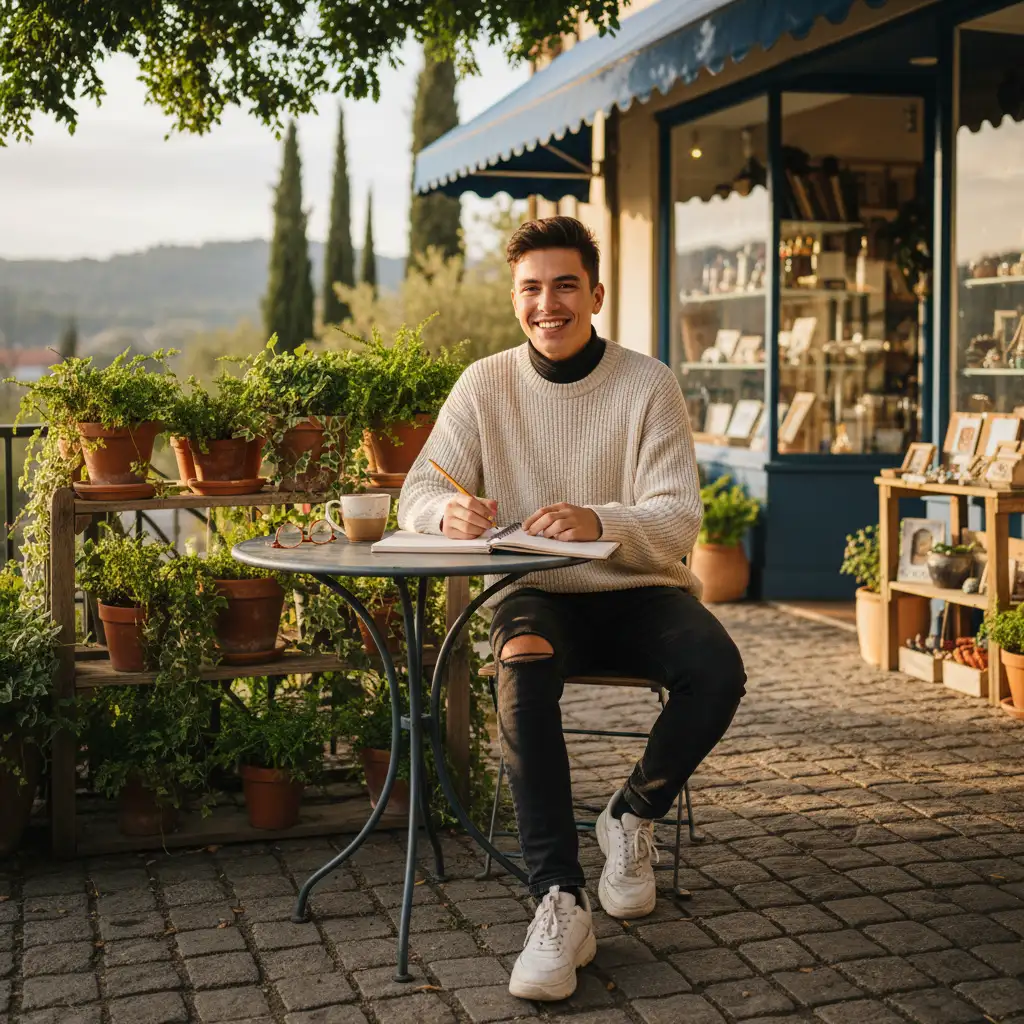 Original outdoor cafe portrait before applying AI style transfer presets