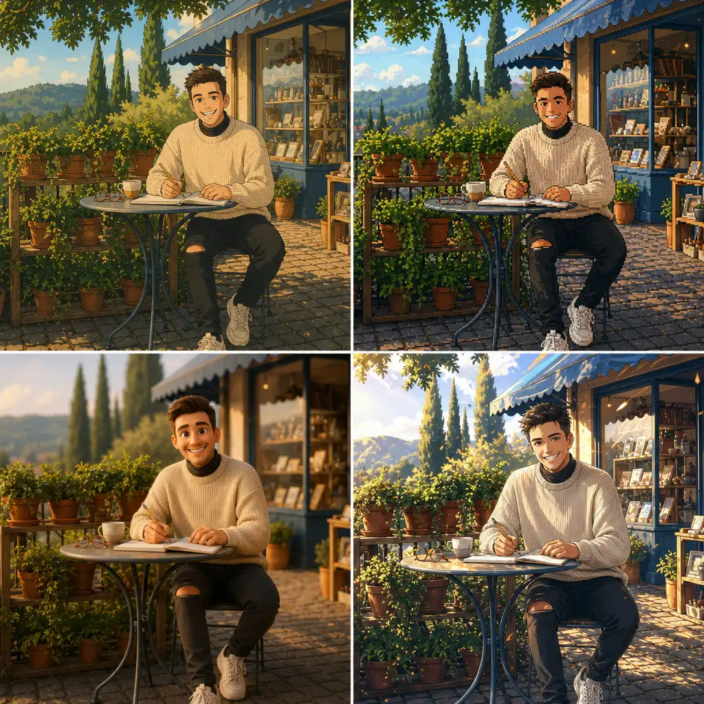 Same cafe portrait shown as Ghibli style art, pixel art, Pixar-inspired 3D animation, and anime style transfer results