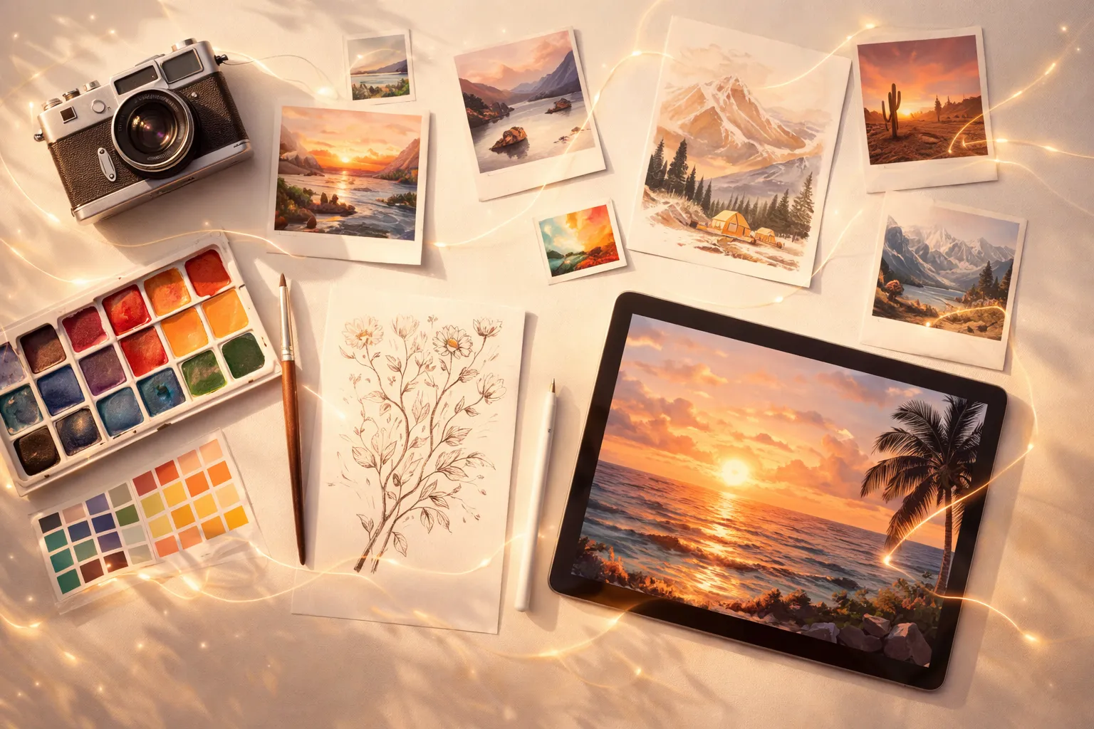 Creative workspace flat lay with camera, art supplies, and photographs connected by light, representing universal prompt generation