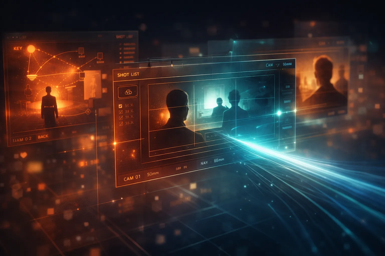 Layered storyboard panels with composition guides and camera markers, representing structured director's notes format