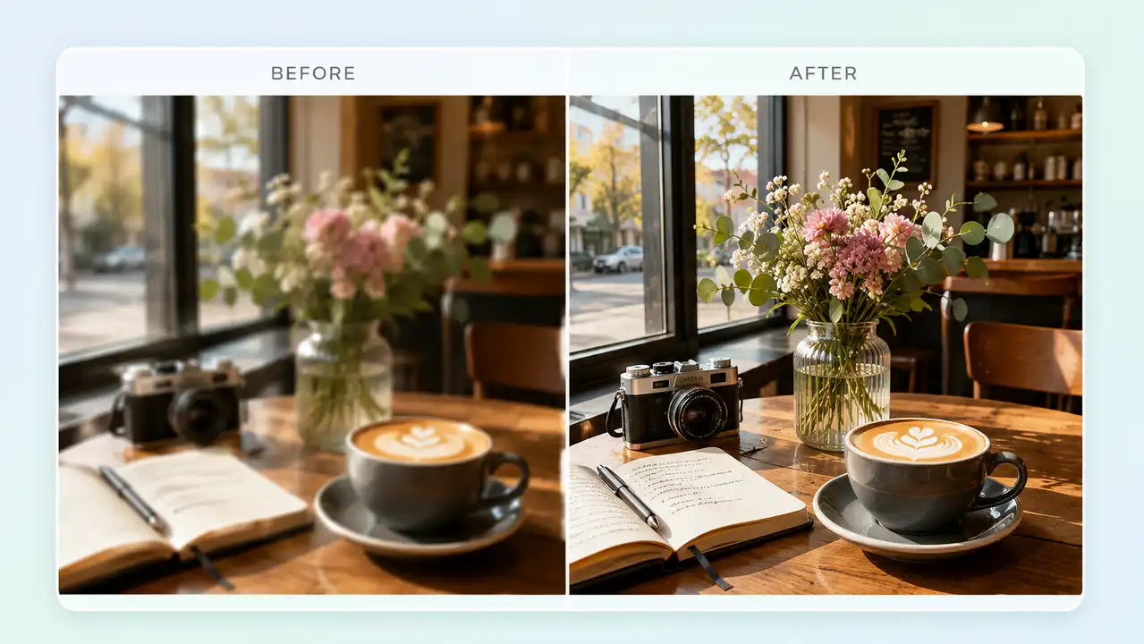 Cozy café table scene with clear food, drink, and interior details