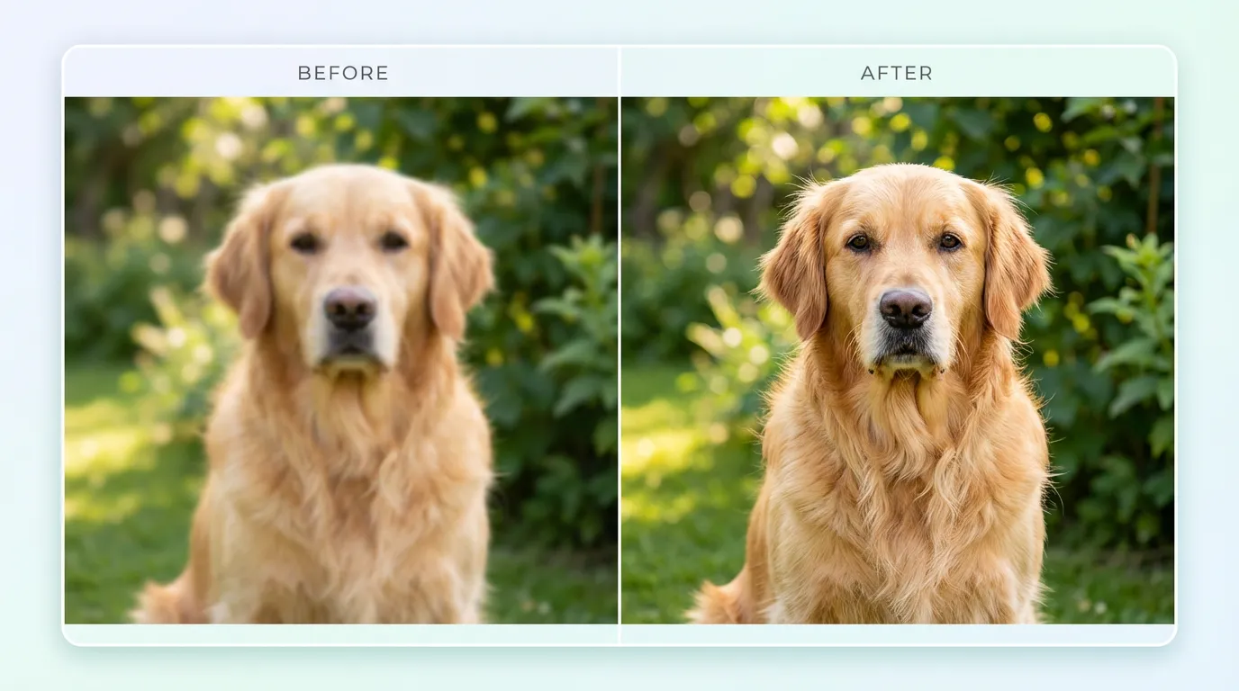 Before and after comparison showing AI image upscaler enhancing a photo from soft to crisp detail