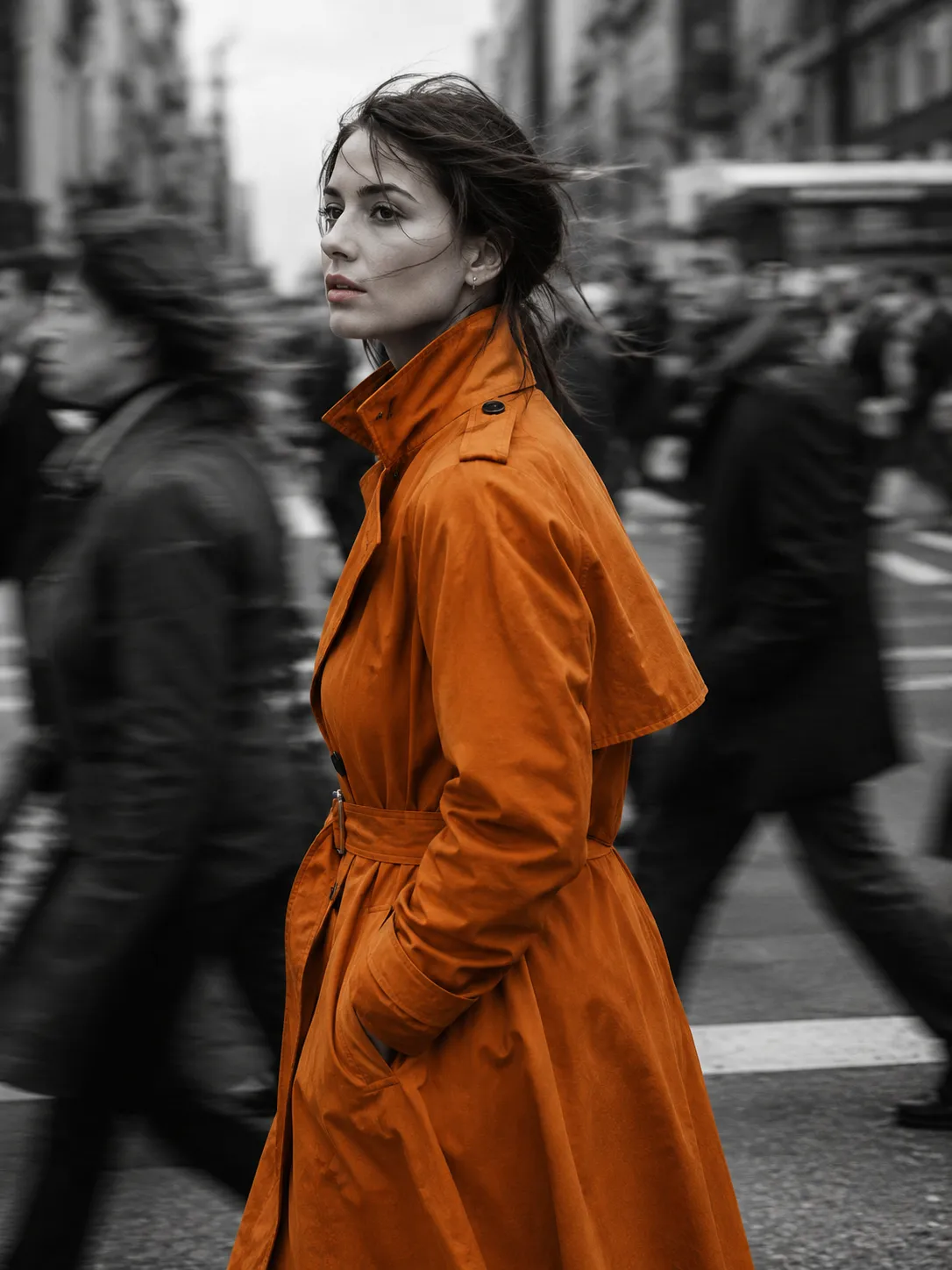Cinematic street portrait of a young woman walking through a busy city crowd, captured with a panning shot. She stays sh