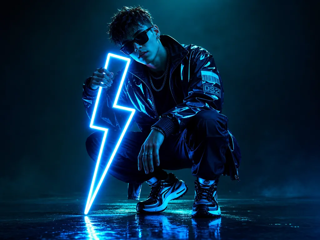 A futuristic neon portrait of an cool young man crouching in a dark teal studio, holding a large glowing blue lightning-