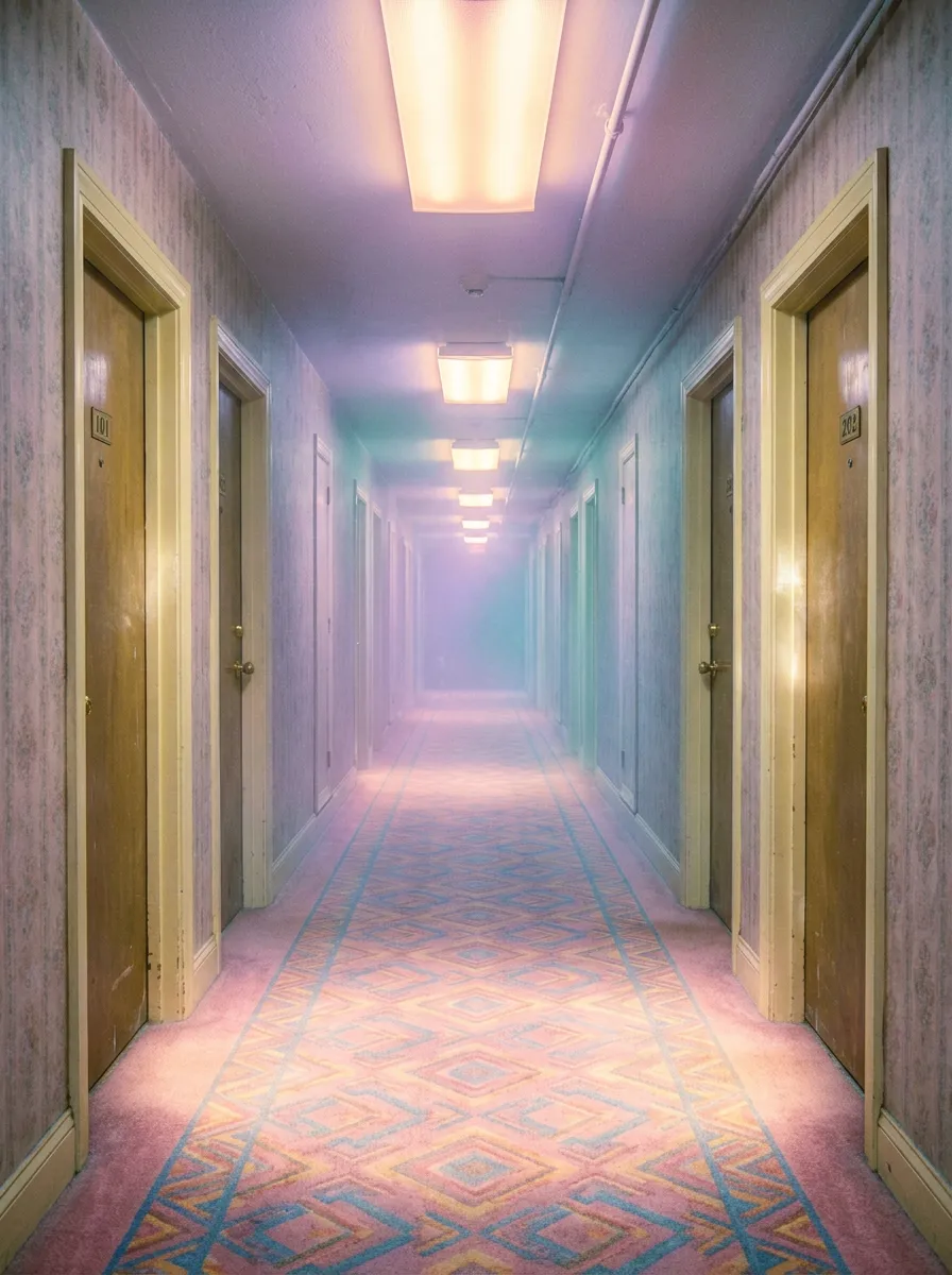 Dreamcore hallway, pastel fog, soft glowing carpet, surreal symmetry, nostalgic 90s flash photo mood