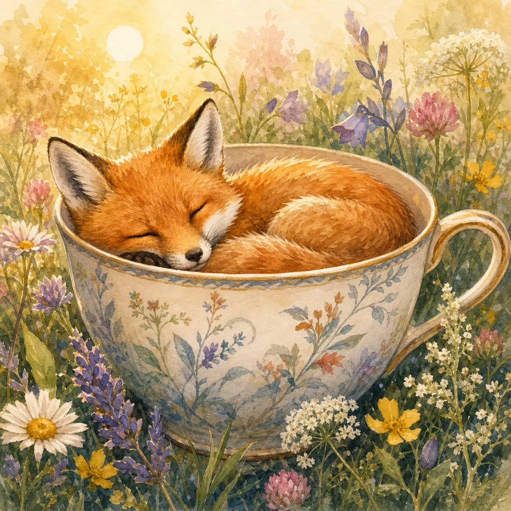 Watercolor fox sleeping inside a giant teacup, surrounded by wildflowers, warm morning light.