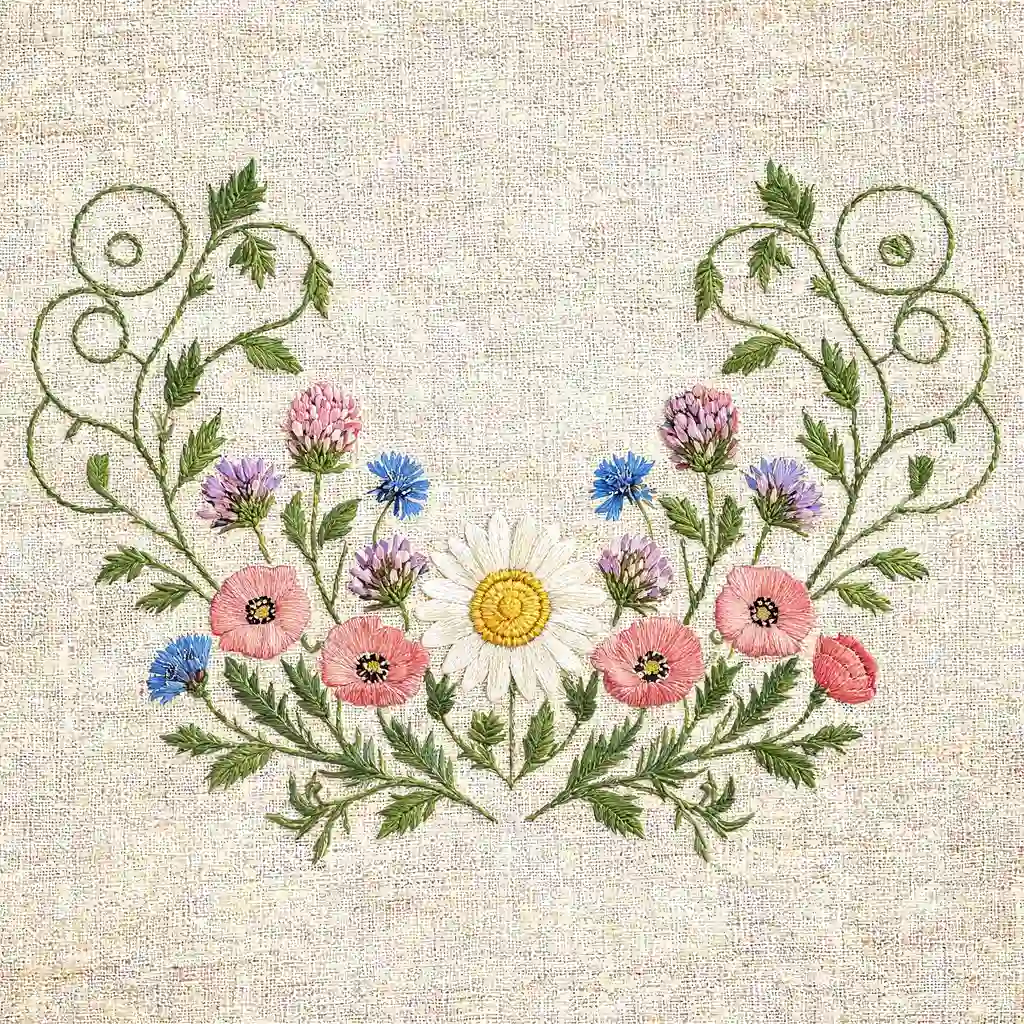 Embroidery pattern art of blooming wildflowers and curling vines, symmetrical composition, linen background, elegant han