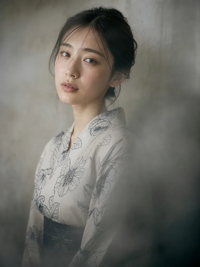 Editorial portrait of a Japanese lady in traditional yukata in her 20s, minimal indoor setting, with a soft black mist e