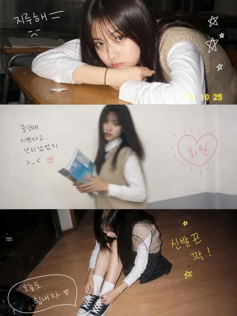 Vertical three-panel collage photo strip featuring a girl with long hair wearing a beige knit vest. In the top panel, sh