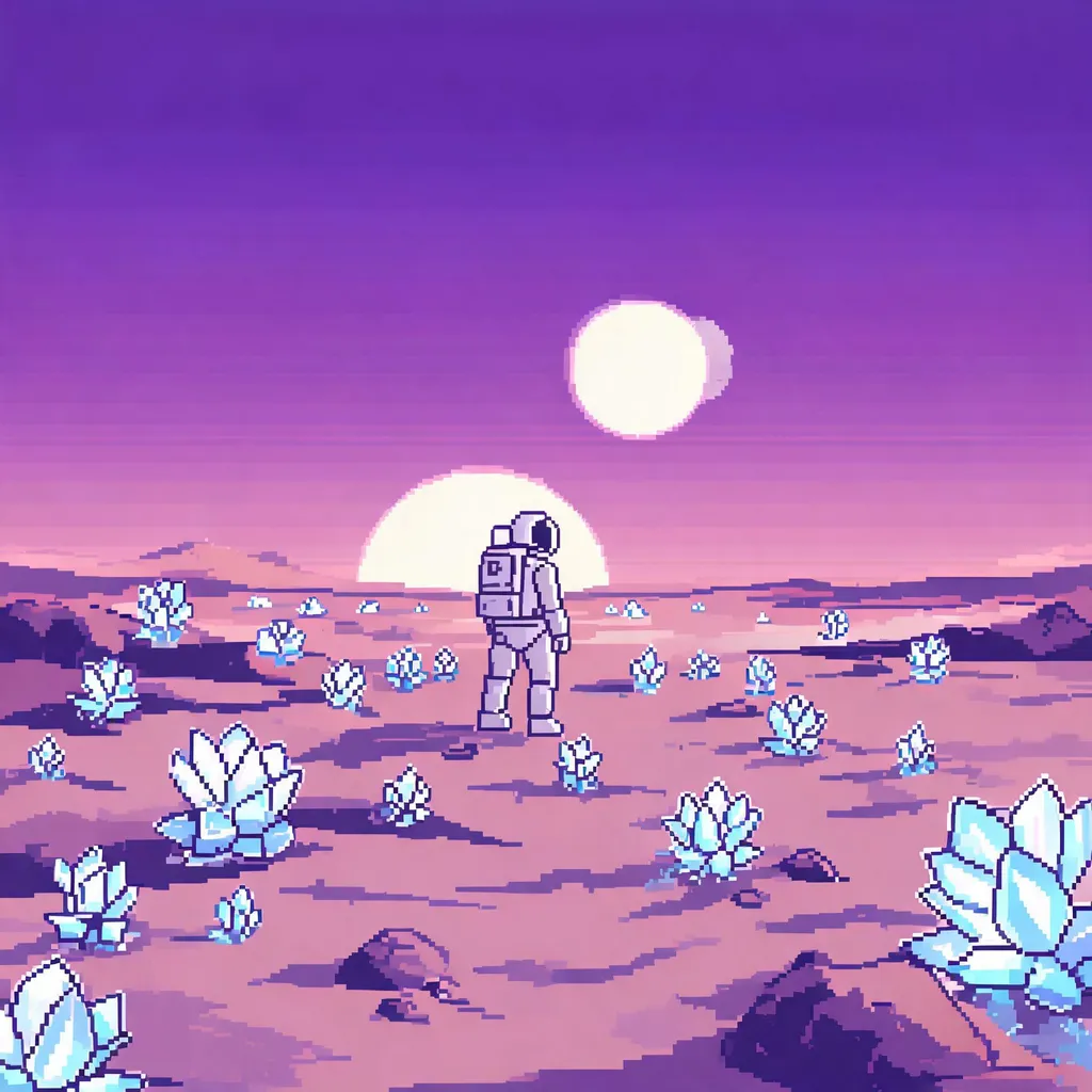 Lone astronaut on an alien desert, two moons rising, crystal flowers glowing under violet dusk, limited color palette, p