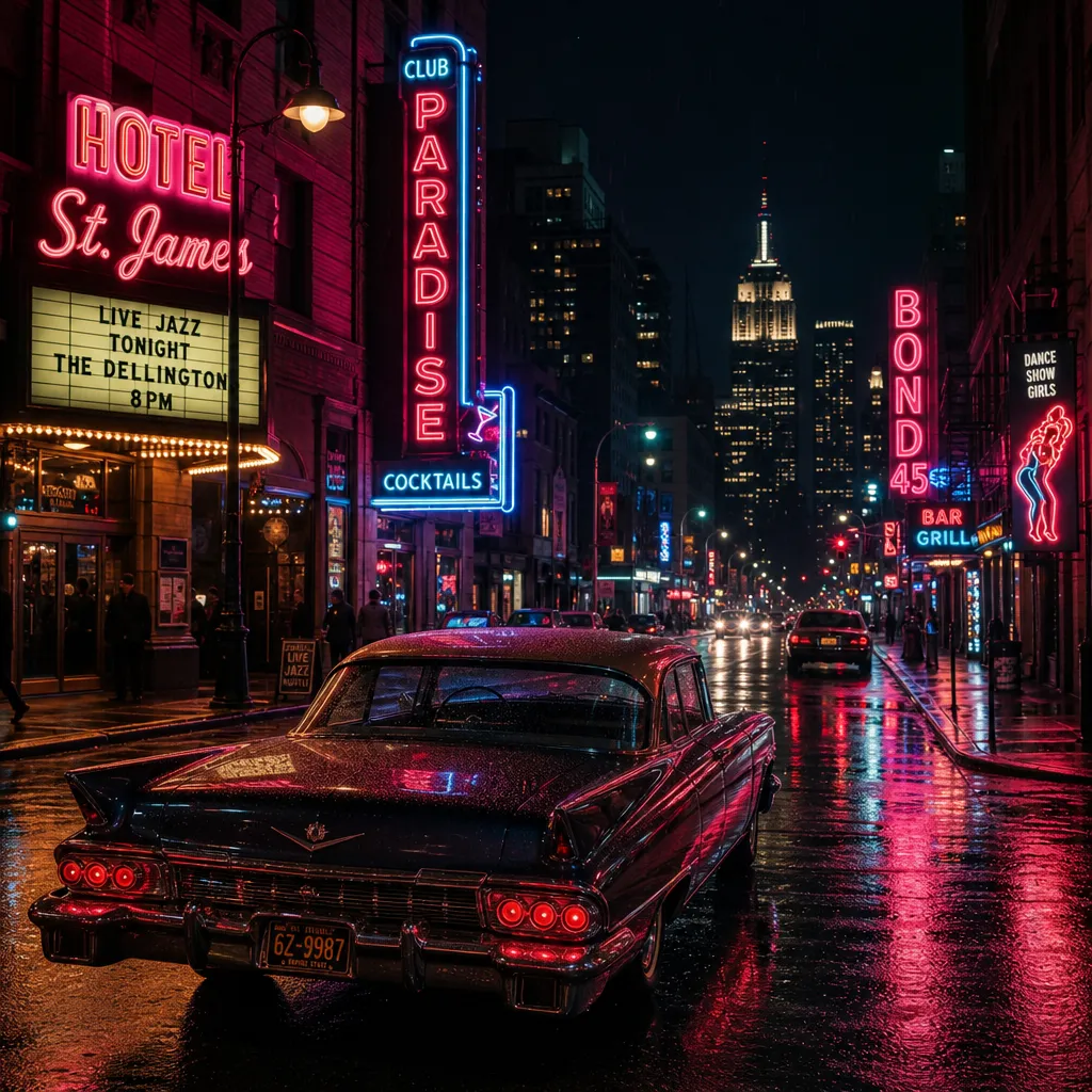 Neon-lit city street at night with a vintage car, glowing signage, wet reflections, and a cinematic urban mood.