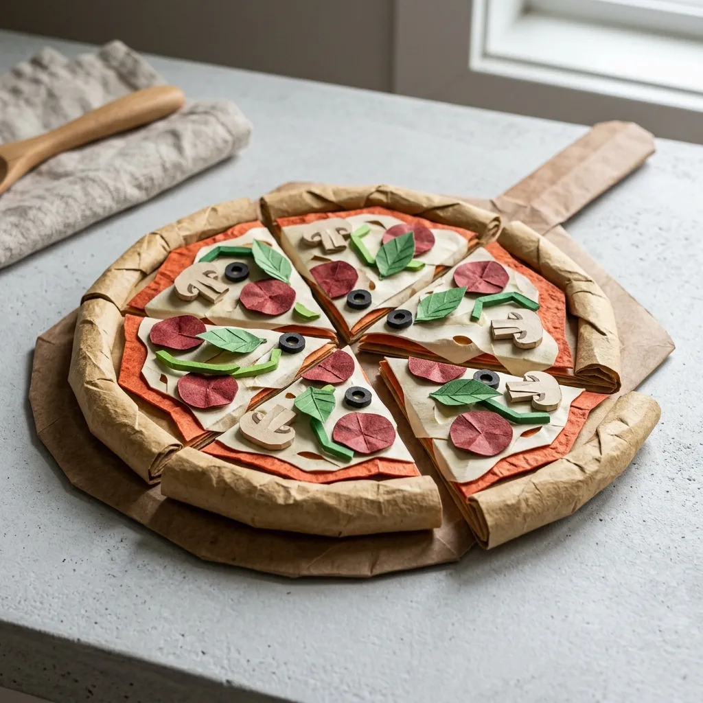 Hyper-realistic origami pizza crafted from textured colored paper, with visible folds, creases, and layered paper detail