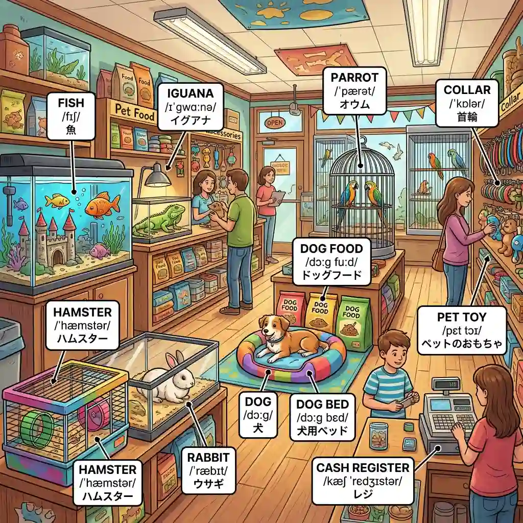 Create a detailed illustration of a pet shop and label each visible object in English. For every label, use this 3-line 