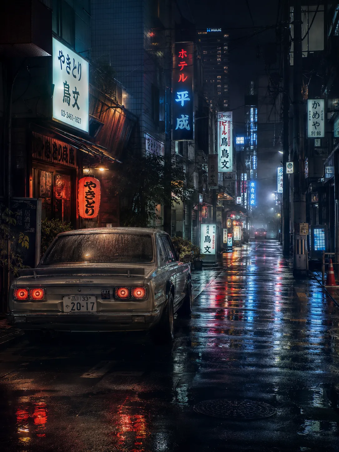 Rainy Tokyo side street, neon signs reflected in puddles, vintage car parked under soft mist.