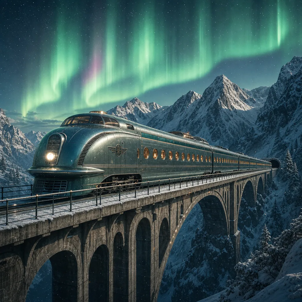 Retro-futuristic train crossing a snowy mountain bridge, aurora overhead.