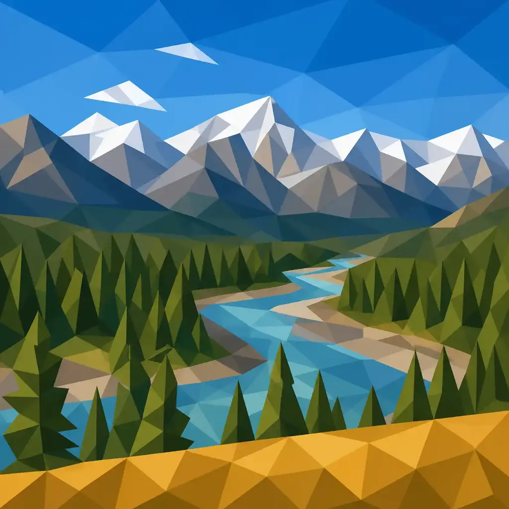 Low polygon detail setting showing bold abstract facets with fewer larger triangles on a landscape