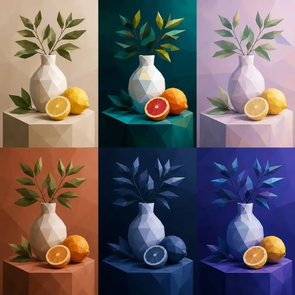 Six geometric still-life treatments showing natural, vivid, pastel, earthy, monochrome, and indigo color palettes