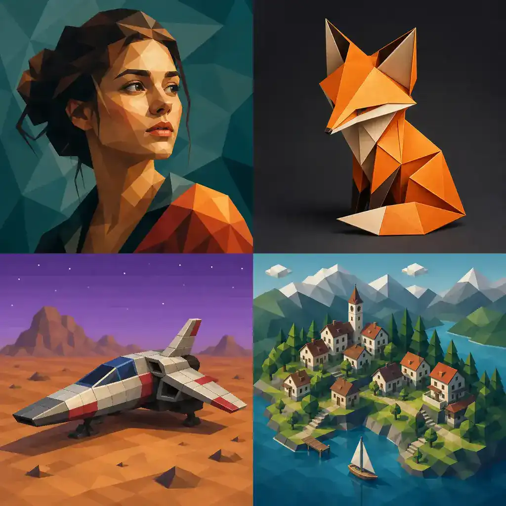 Four low-poly artwork examples: a faceted portrait, paper fox, retro spacecraft, and isometric lakeside village