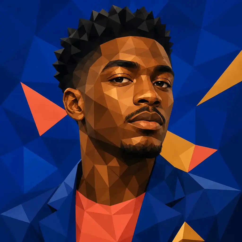 Classic low-poly portrait of a man with cobalt blue, coral, and gold triangular facets