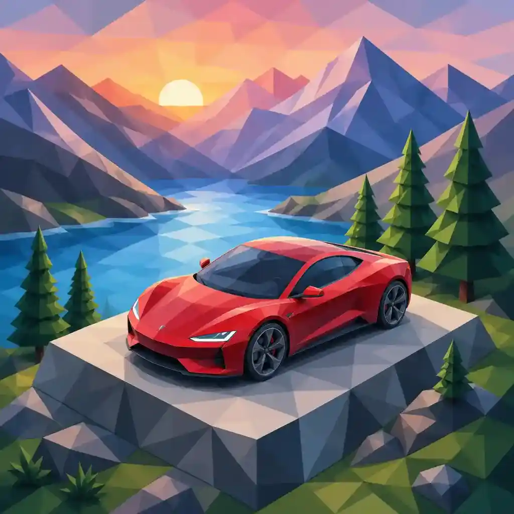 Red electric sports car on a geometric platform overlooking a low-poly mountain lake at sunrise