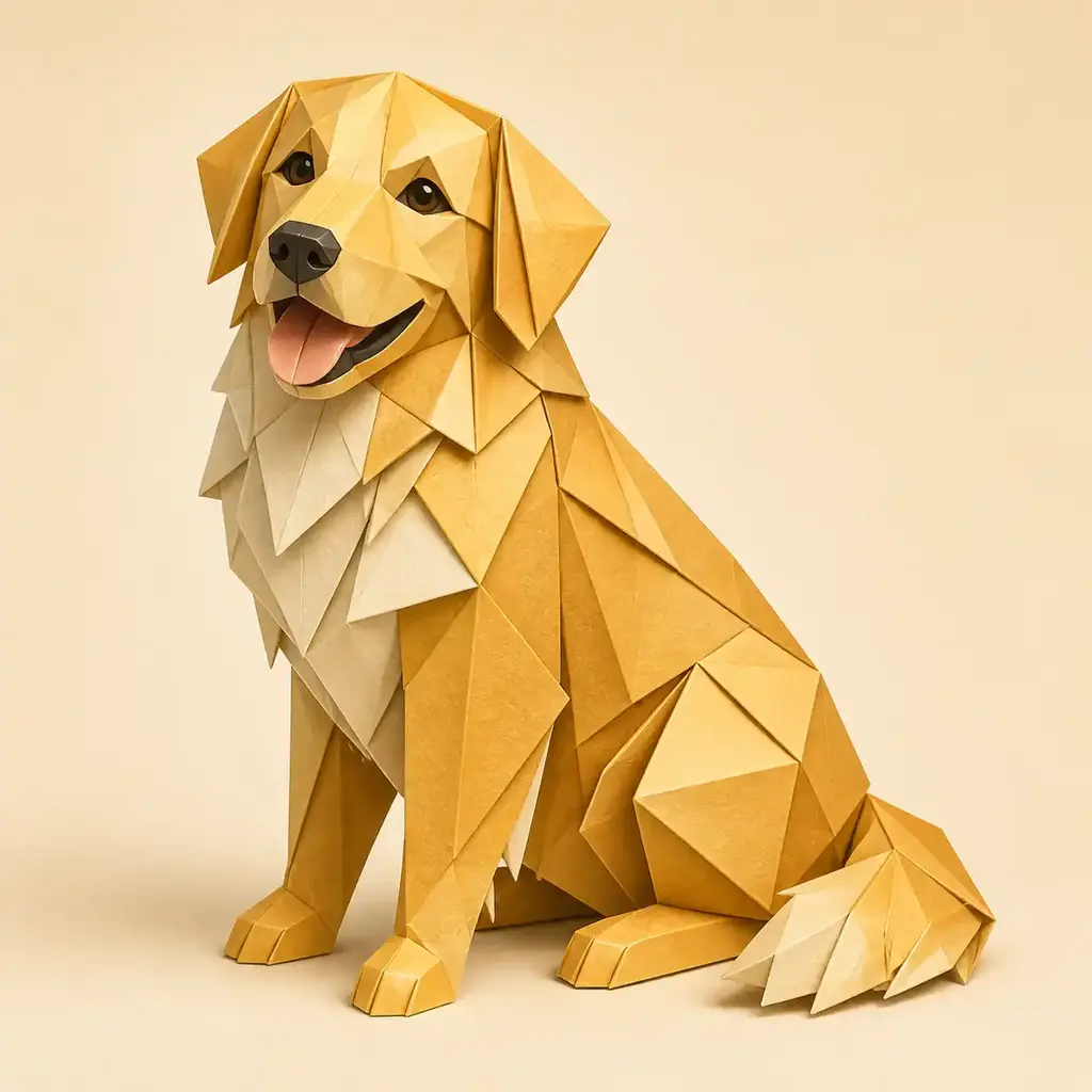 Golden retriever rendered as a folded-paper low-poly sculpture on a cream background