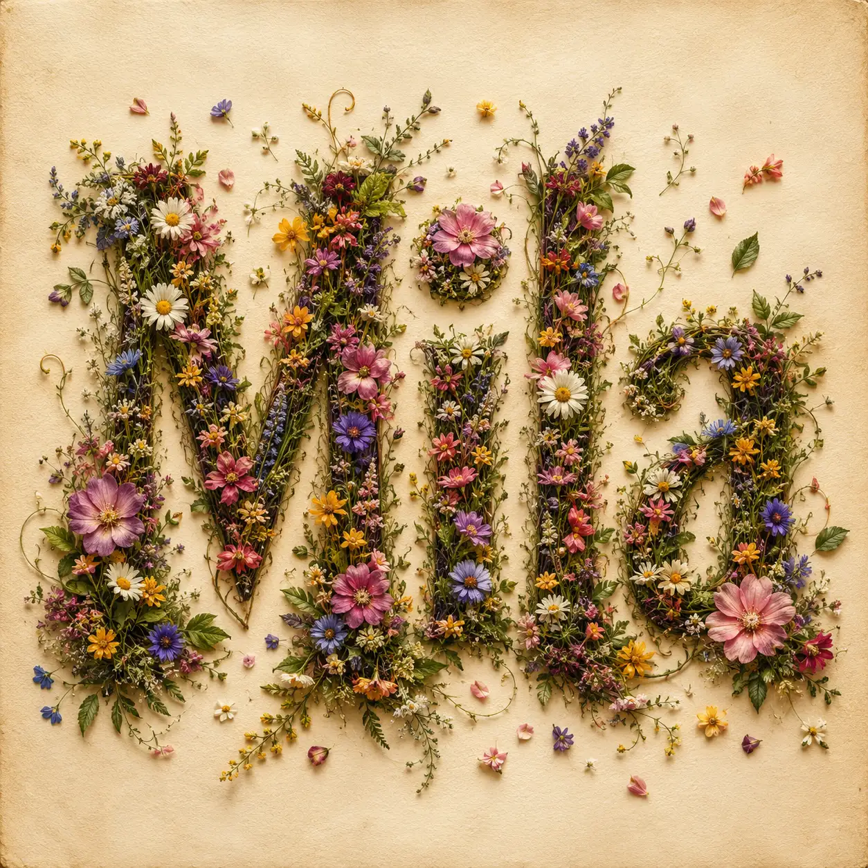 Dense botanical floral lettering where blooms partly obscure the name before adjusting readability