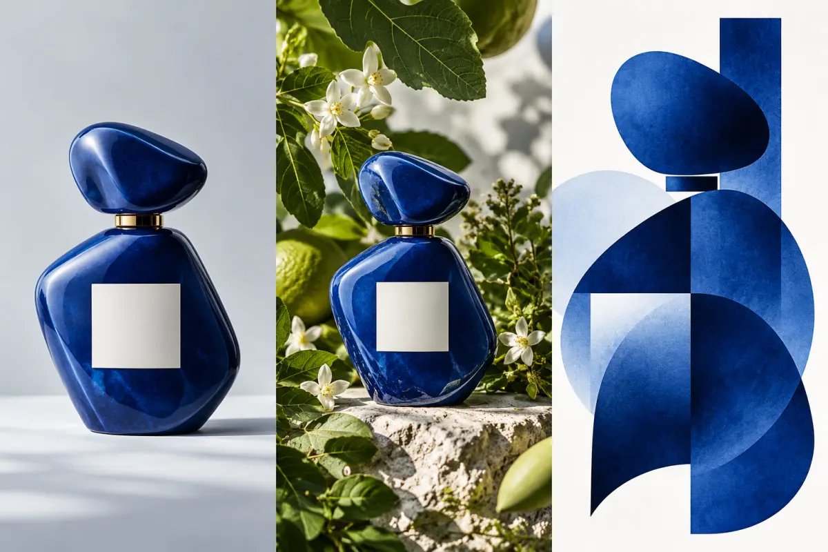 Concept triptych showing a blue perfume bottle in a studio, a botanical setting, and an abstract graphic composition