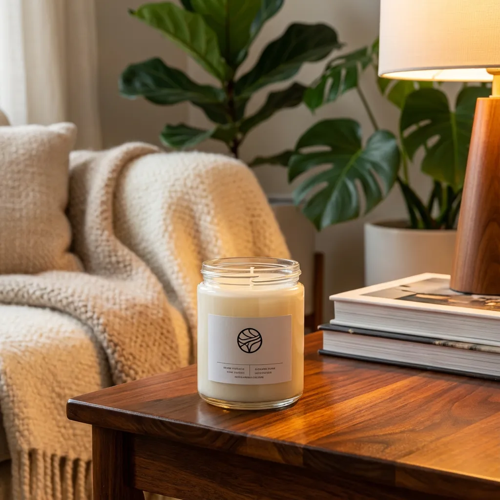 Transformed luxury lifestyle scene with same candle on wooden table in softly lit living room with plants and preserved label details