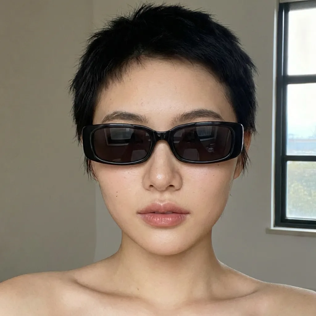 Portrait after AI beauty retouching with subtle edits, dark sunglasses, and spiky hairstyle while preserving identity
