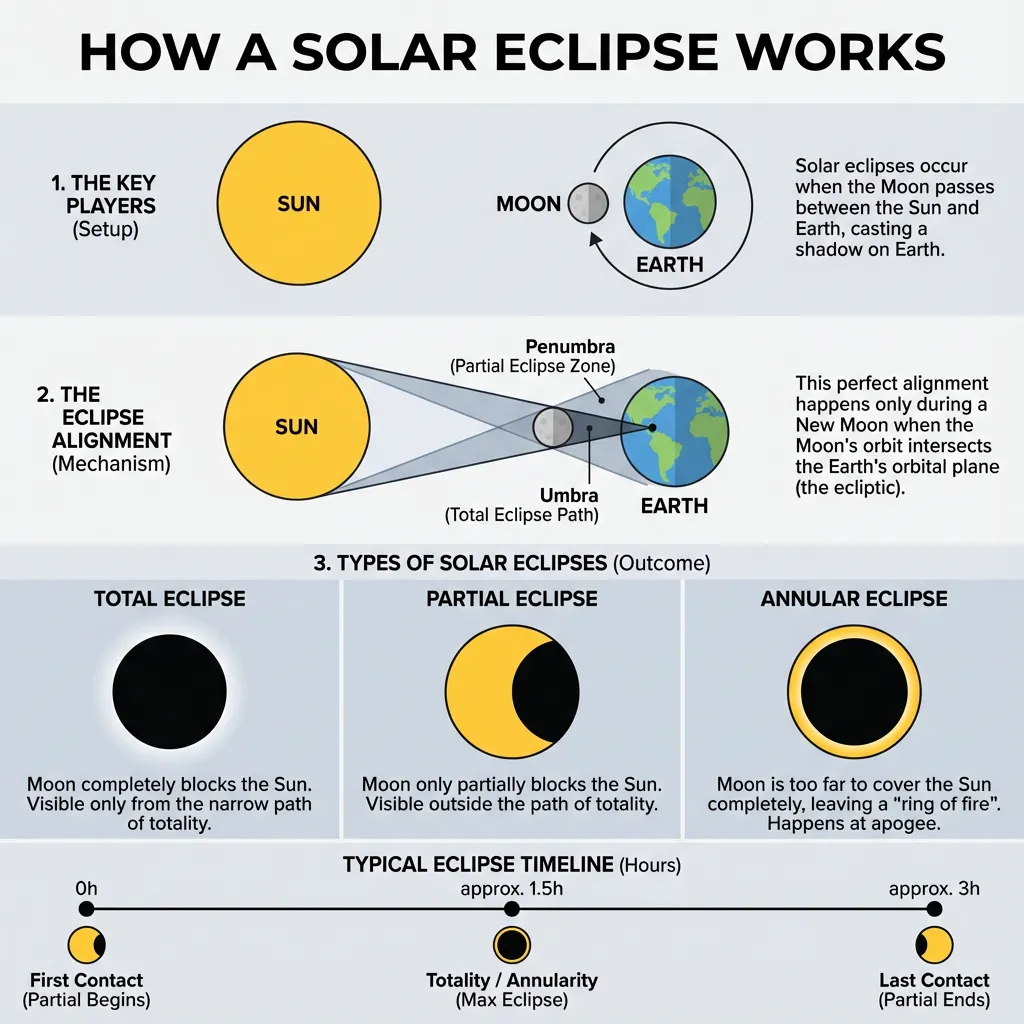 AI-generated educational infographic showing solar eclipse mechanics with labeled Sun, Earth, and Moon diagrams and explanatory text