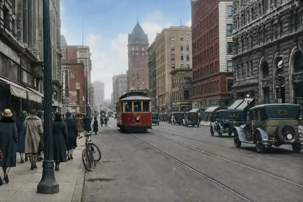 Vivid colorized version of the same street photograph with restored color depth