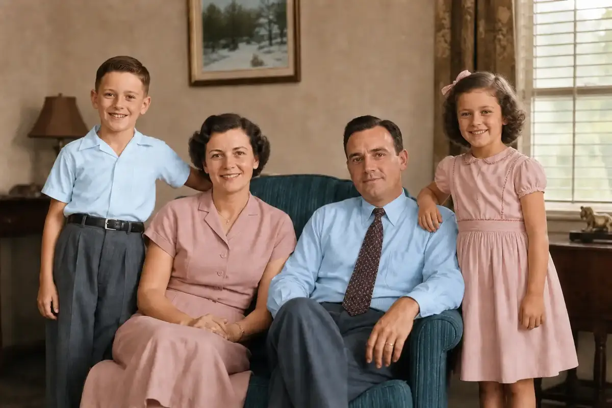 Same family portrait after AI colorization showing natural skin tones and clothing colors