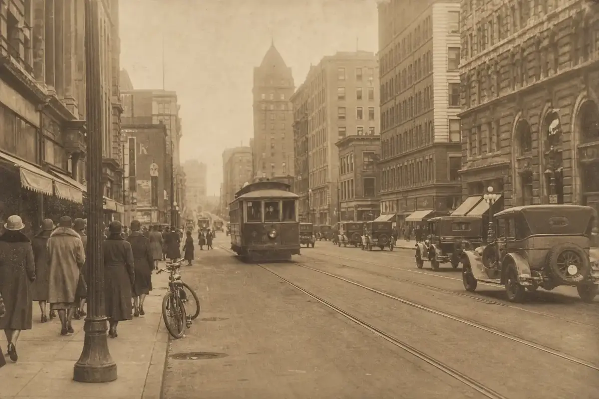 Faded sepia street photograph before colorization