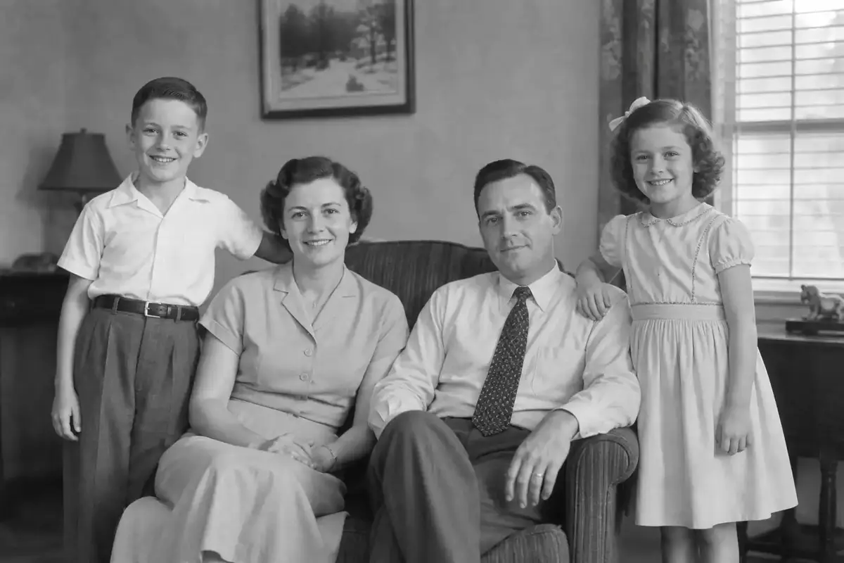 Original black-and-white family portrait from the 1950s before colorization