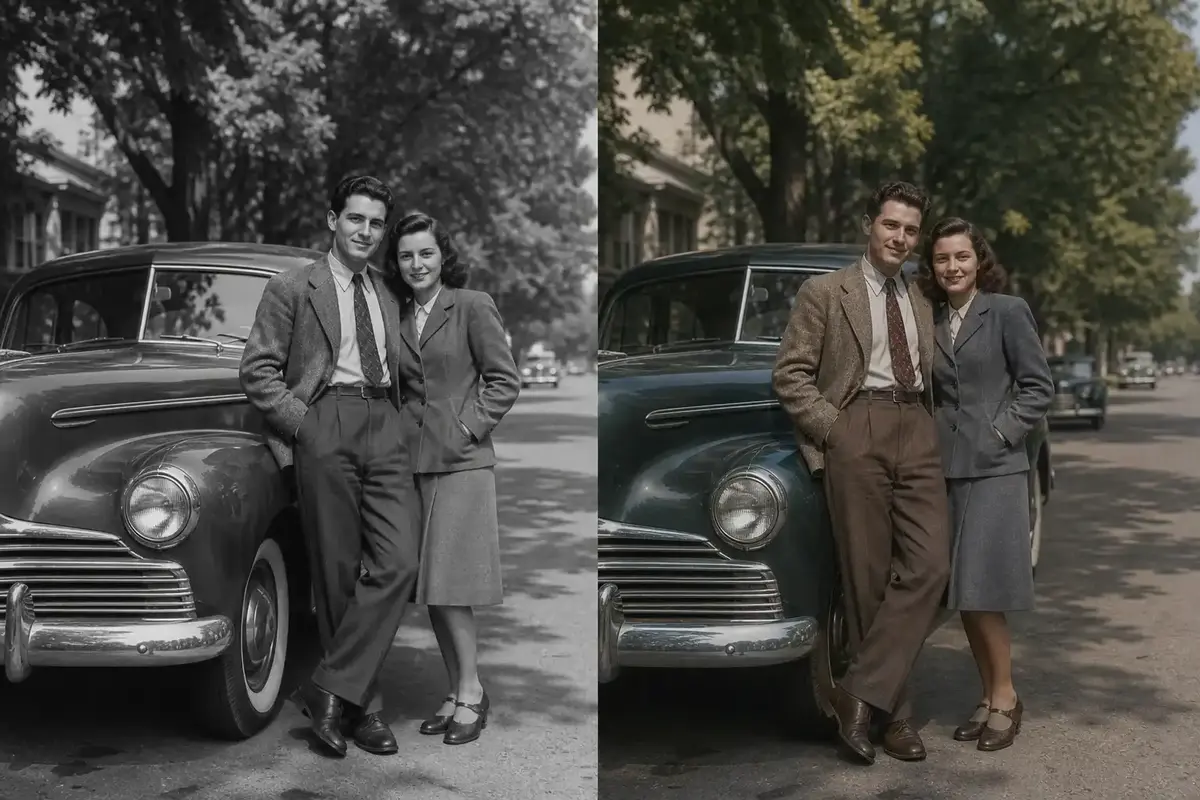 Vintage couple beside a car shown half in black and white and half in muted natural color