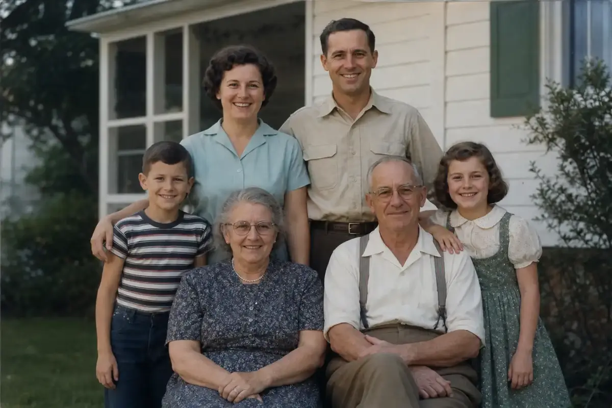 Naturally colorized mid-century family portrait with restrained skin tones and preserved photographic grain.