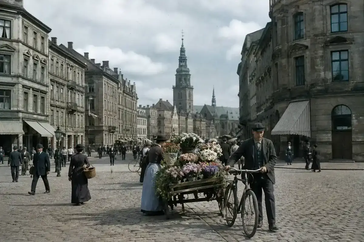 Muted color interpretation of an early twentieth-century street scene with period clothing and architecture.