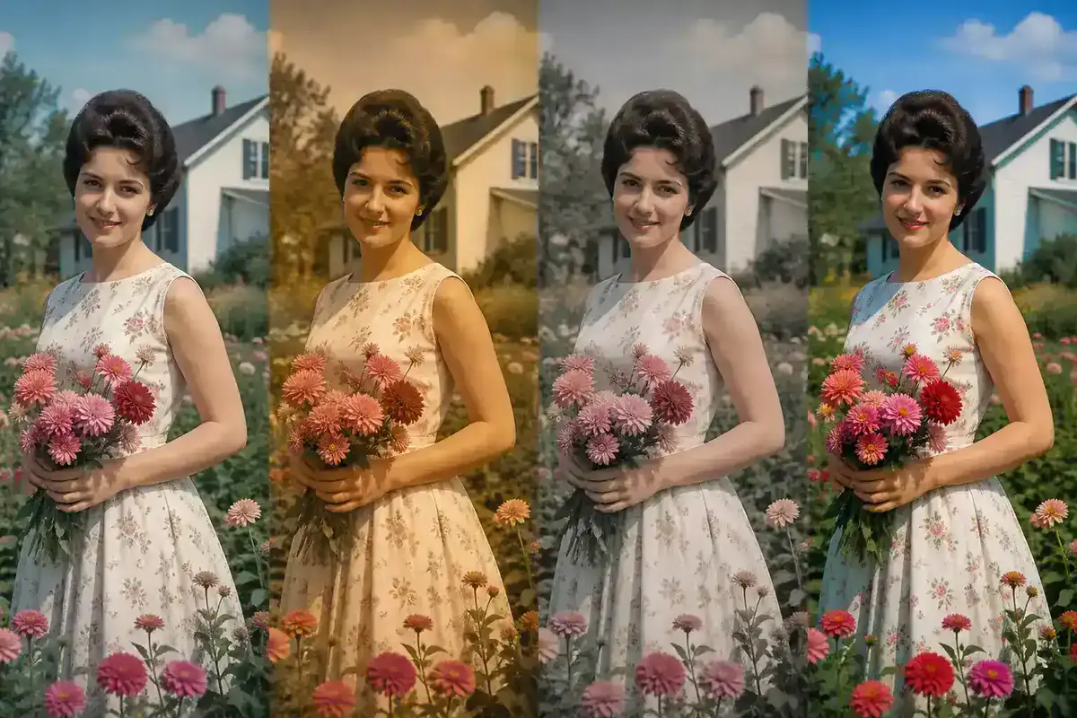 One vintage garden portrait shown in four panels with natural, warm vintage, muted historical, and vivid color treatments