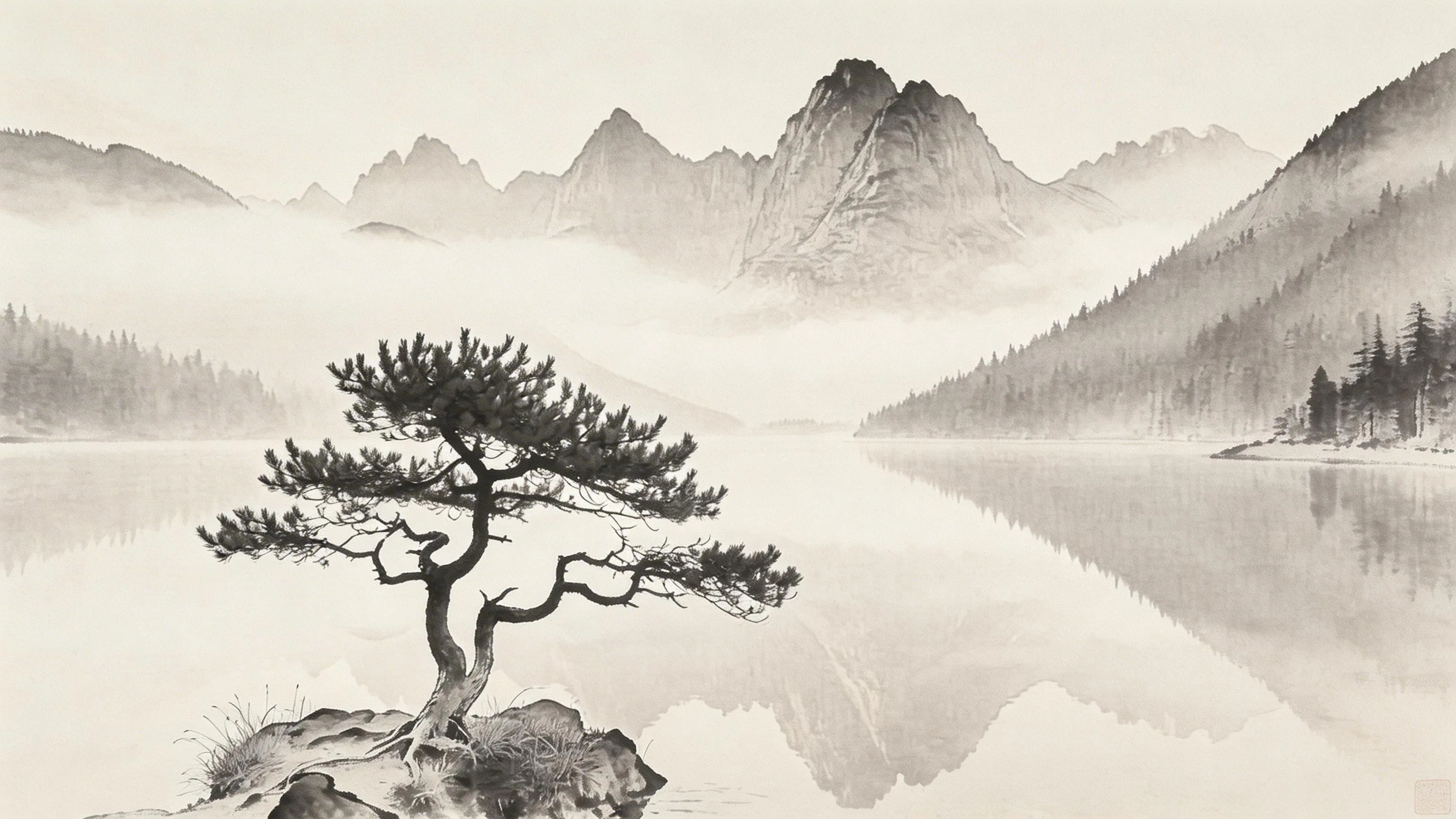 Ink wash artwork after photo to sketch conversion with fluid monochrome brushwork and negative space