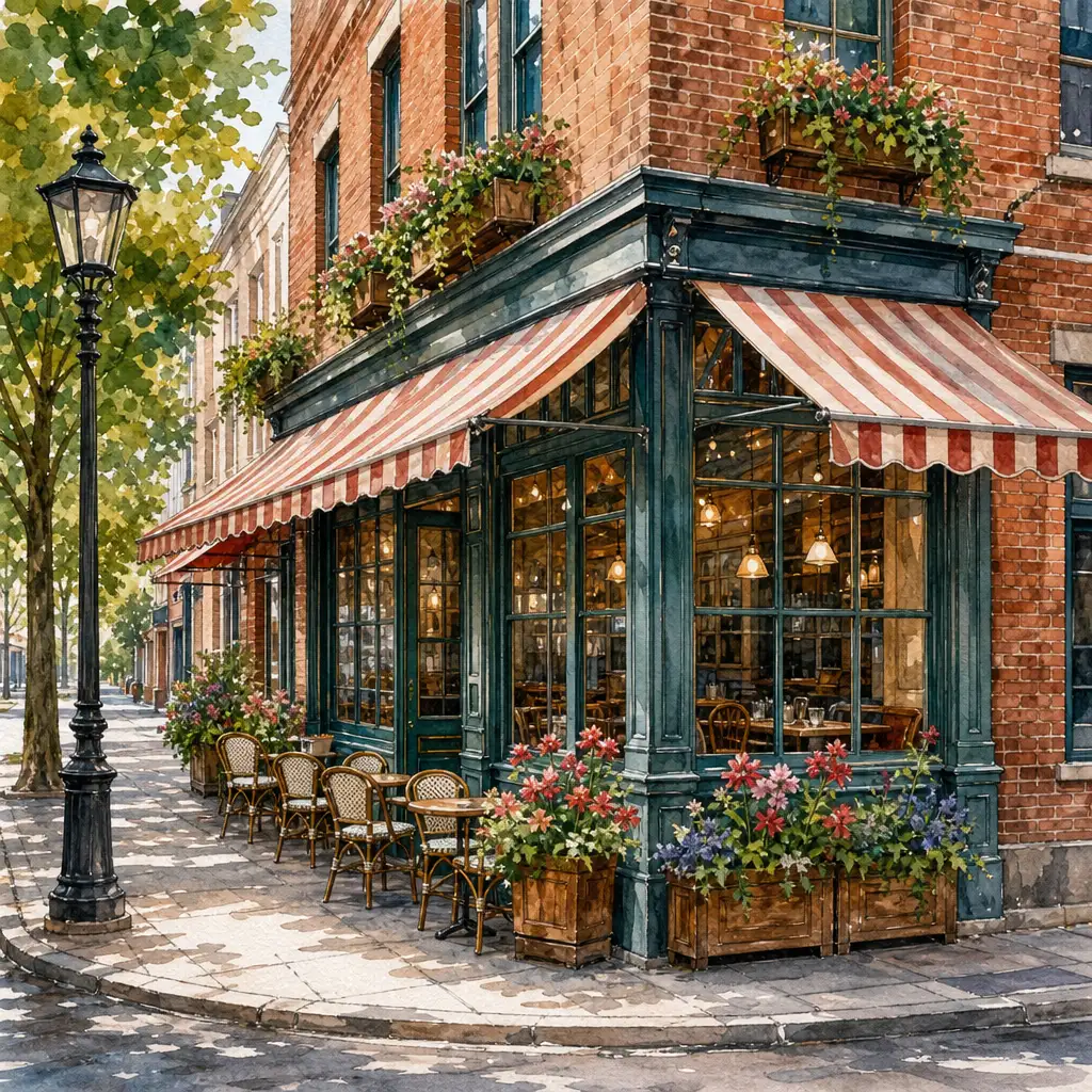 Example detailed watercolor illustration of a street corner café
