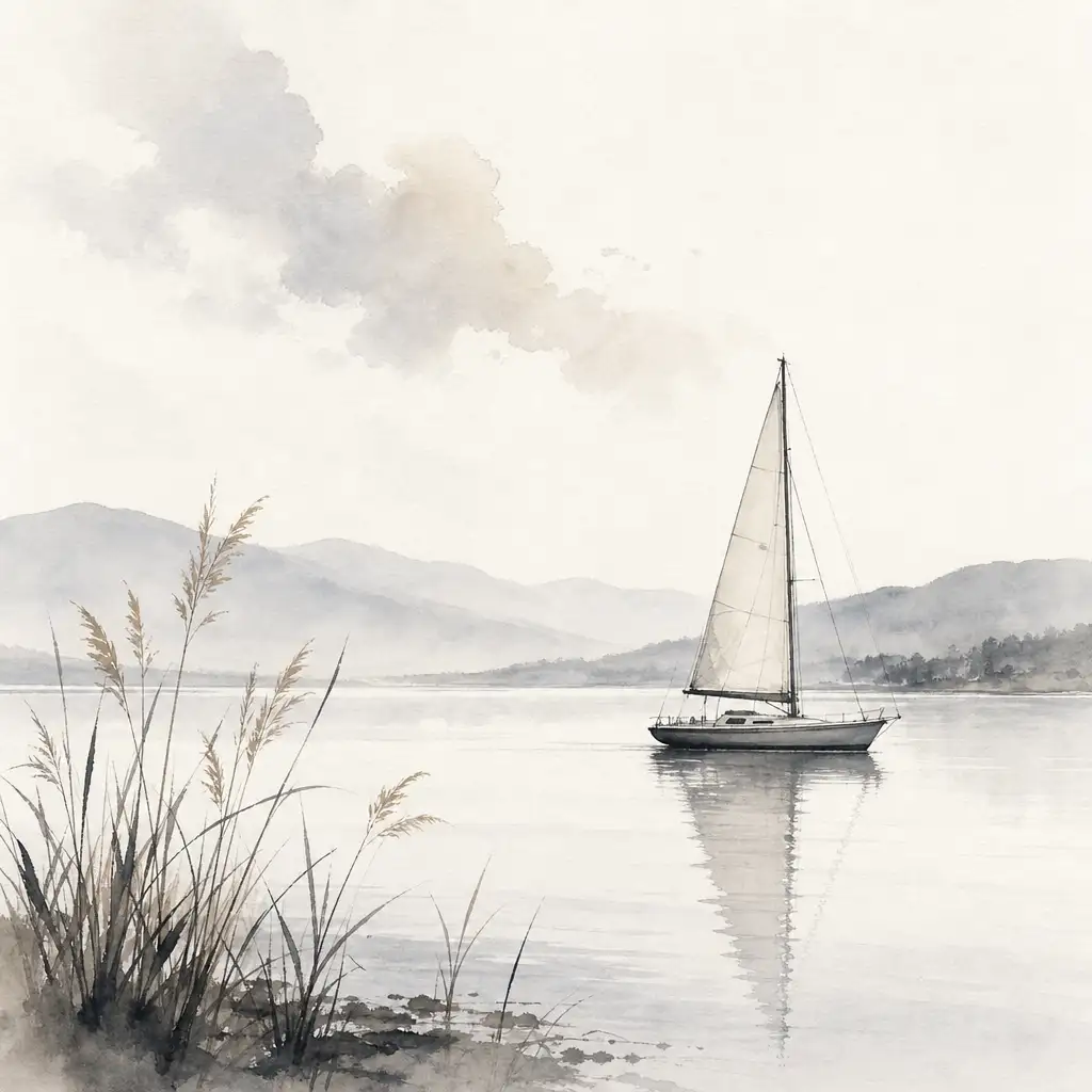 Example ink wash watercolor painting of a boat