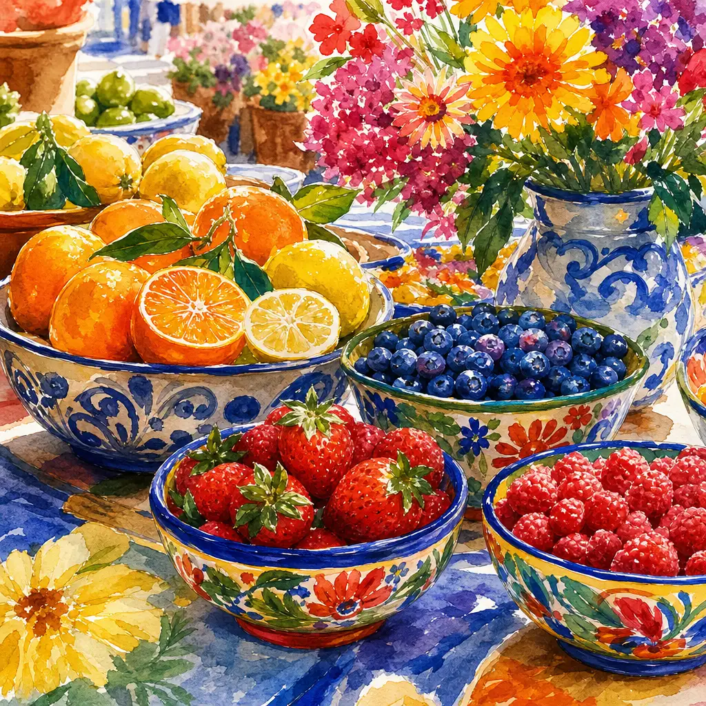 Example vibrant watercolor still life of fruit