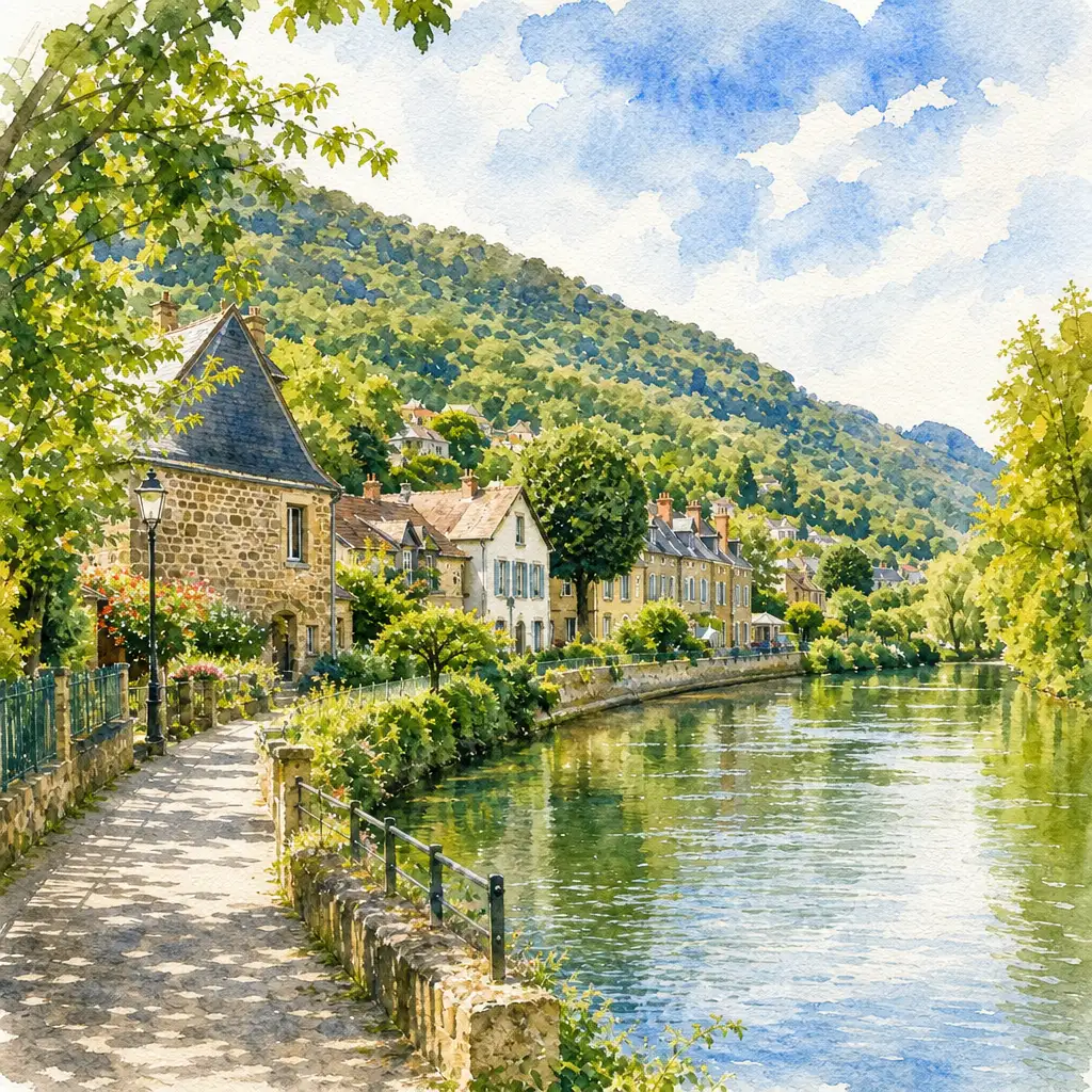 Watercolor version of the same landscape preserving architectural lines, foliage shapes, and horizon depth with painterly texture