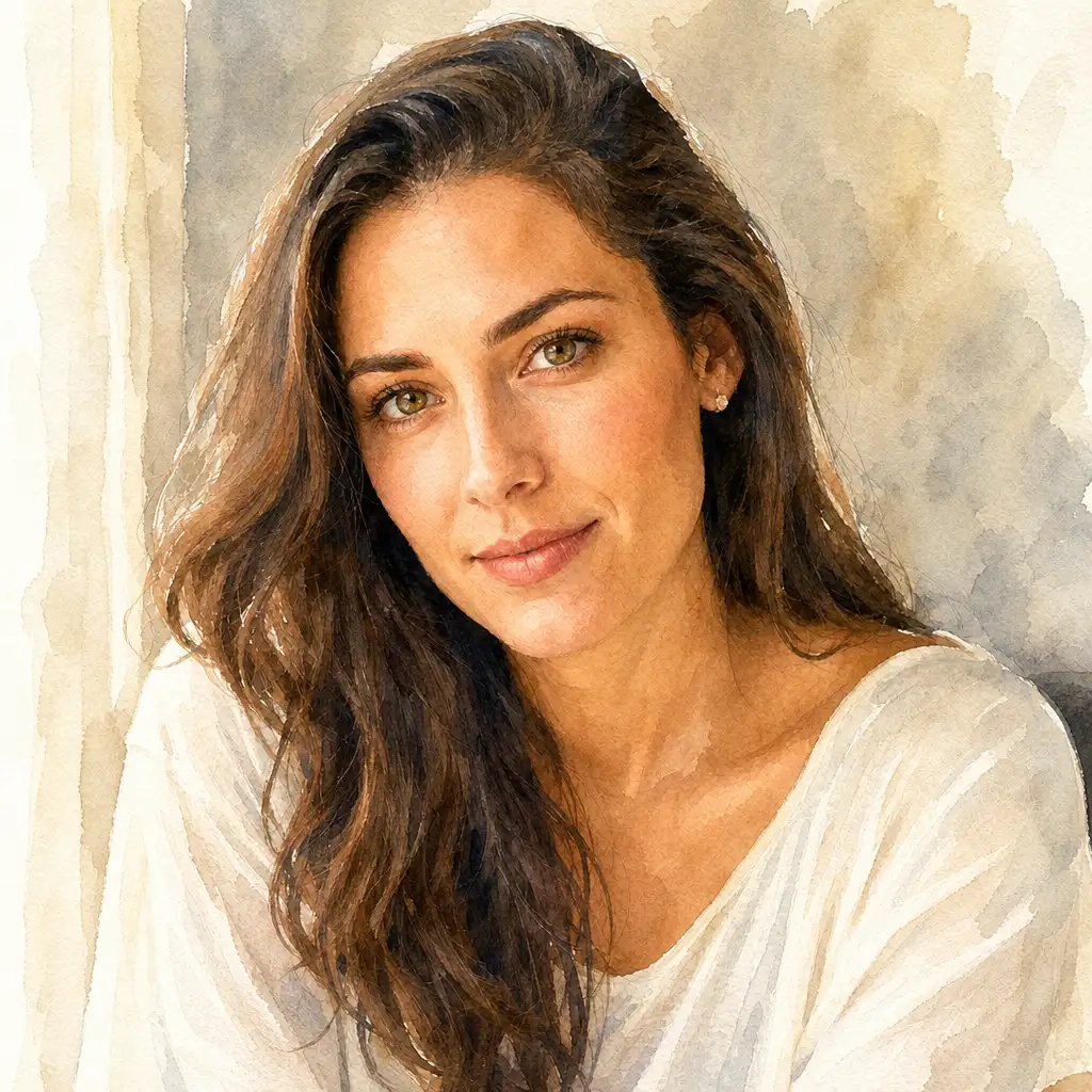 Watercolor artwork of the same portrait with soft washes and brushwork while facial identity and skin tone are preserved