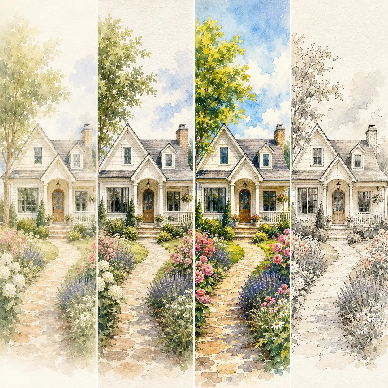 Four watercolor style preset outputs side by side showing Soft Wash, Detailed Illustration, Vibrant Watercolor, and Ink Wash variations