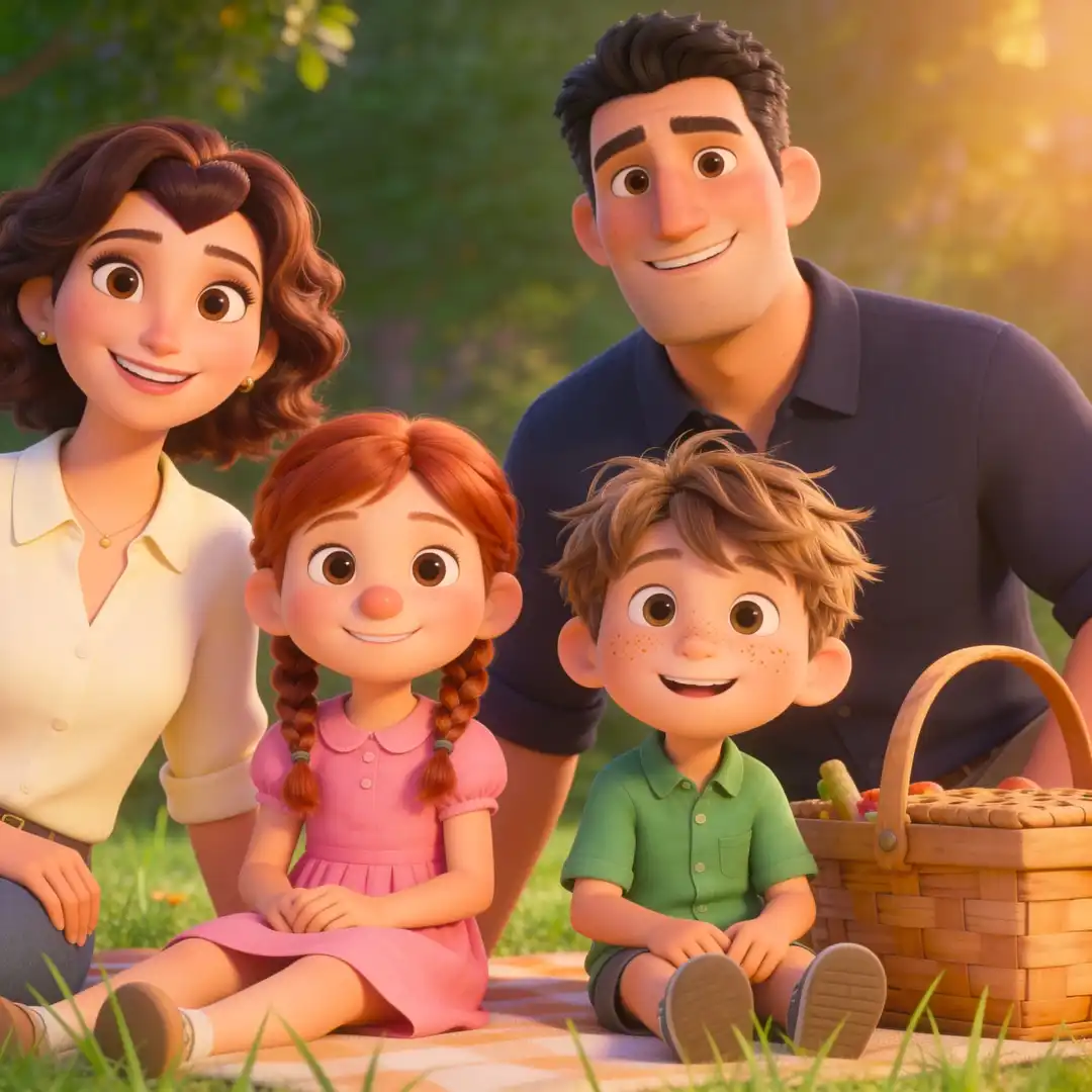 Warm 3D animated family portrait with distinct recognizable family members