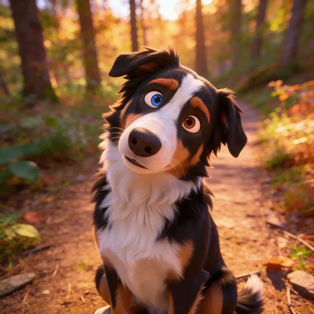 Animated pet hero character preserving the dog's coat color and markings in Pixar 3D animation style